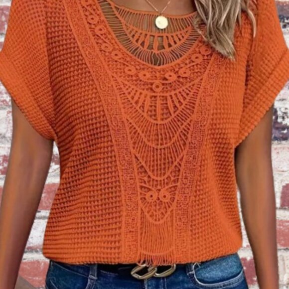 Tops - Lacy Dressy Tee Short Cuffed Sleeves Medium Stretch Knit Fabric Orange Red M